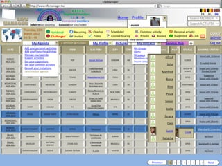 LifeManager
                LM http://www.lifemanager.be
                            49%
                           50%         51%
                                       50%
                          38%            62%       6 2 3 42
                                                    6 23275 6
                                             Registered members                                                                                                                         FR      NL       EN
                                                  1 2 7362 4
                                                     1 5 77
                                                          99                                               Home Profile Account                                            Search MEMBER
                                           Connected members
                    Belgium              Select your city/town
                    Select your country Bousval                                                                     Laurent                                                Search ACTIVITY
              Thursday, 15th                                                                                    Manage your Contacts
                                        Validated              Recurring         Overlap         Scheduled             Common activity                         Personal activity
              March 2012                                                                                        Manage your account                                                                DD007
              14: 31 : 46               Challenged             Invited           Public                                Private        Booked
                                                                                                 Limited SharingManage your private data                       Suggested        Job      ?         admin
                                                                                                                    Help center
                     My Agenda                   Common Activities              My Profile           Pictures            My contacts                  Service Plus         +                       Log out
               Add your personal activities                                                                            My Groups
  DATE         CATEGORY             TYPE                ITEM                 SUB ITEM              CITY       CTRY       START    END     Source    Alert             STATUS      SHARING STATUS*
               Add your favourite activities                                                                           Alerts
               Manage your agenda                                                                                      Messages
                                                                                                                                               Alfred                                 Shared with 10 friends
 SUNDAY        Suggest activities                                                                                      Members to Friends
                 MUSIC            CONCERT                POP                George Michael        LONDON       GB         19:00     21:00     www…                     CLOSED
28-10-2012     See your suggestions                                                                                    Import contacts
                                                                                                                                                                                       3 invited friends
               See your common activties                                                                                                              SoSo
 TUESDAY,      Consult your invitations                                     Finale Standard/                                                                          OCCUR IN        Shared with 5 friends
                 SPORT              GAME                SOCCER                                     LIÈGE       BE
14-04-2012     Synchroniser agenda                                             Anderlecht                                                       Manfred                14 DAYS          2 invited friends

SATURDAY,                                                                                                                                                                                    Suggested
                  SPORT           CHAMPIONSHIP          TENNIS             Roland Garros: 1/4      PARIS       FR                                                       OPEN
18-04-2012                                                                                                                                            Rasta                           Shared with 2 friends

WEDNESDAY,                                                                  Yeux - Nouvelle
               CONFERENCE          MEDECINE            SURGERY                                     LYON        FR                                                    POSTPONED         Shared with 1 friend
 22-09-2012                                                                 technique laser                                                            Rino
 TUESDAY,                                                                  Réchauffement de
               CONFERENCE         METEOROLOGY          CLIMATE                                   NEW YORK      USA                                                      OPEN          Shared with 3 friends
22-04-2012                                                                      la terre                                                              Paula
THURSDAY,                                                                   Cirque du Soleil                                                                                               Suggested
              ENTERTAINMENT          SHOW               CIRCUS                                   BRUSSELS      BE                             WWW…                      OPEN
09-04-2012                                                                    Saison 2011                                                            Simon                            Shared with 3 friends

SATURDAY,                                                                     Grand Prix
                  SPORT             COURSE                F1                                       SPA         BE                                                       OPEN          Shared with 5 friends
18-04-2012                                                                 FRANCORCHAMPS                                                              Joelle
SATURDAY,
                 MUSIC            DANCE PARTY        RETRO HOUSE                90thies           MONS         BE                                                      OUVERT         Shared with 4 friends
18-04-2012                                                                                                                                           Sergey                      Shared with 12 members
WEDNESDAY,
                                                                                                                                                                        OPEN          Shared with 2 friends
 13-07-2012                                                                                                                                            Caro
 MONDAY,
              ENTERTAINMENT         CONTEST             SONGS                  Eurovision       STOCKHOLM      SE                                                       OPEN      Shared with 1 member
05-01-2014                                                                                                                                            Lucie            Lucie
 FRIDAY,                                                                     Technique de
                SEMINAR            MEDECINE          KINESITHERAPY                                ZURICH       CH                                                       OPEN                 No friend
12-06-2013                                                                    crochetage                                                            Natacha
 FRIDAY,                            NATURAL                                  L’Homme de
                MUSEUM                                STONE AGE                                  BRUSSELS      BE                                                       OPEN          Shared with 1 member
12-06-2013                          SCIENCE                                   Neandertal

              ENTERTAINMENT          MOVIE         SCIENCE FICTION              X_mEN             NAMUR        BE                                                       OPEN                 No friend




                                                                                                                                         Previous       1 2 3         4 5 6 7 8                 Next
 