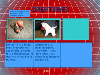 CREATURES Back Click the image to see Elongurm from  Different angles Elongurm is a large,  Blind creature that  Resembles a worm.  It is a decomposer. It Has two arms, like a Human.  Leigelung is a small dog-sized herbivore. It has large lungs that allows it to breathe enough air.  