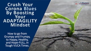 Crush Your
Corona Blues
By Boosting
Your
ADAPTAGILITY
Mindset
How to go from
Grumpy and Frumpy,
to Happy, Healthy,
and Hope-FULL, in
Tough VUCA Times.
 