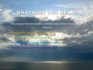 WHAT DOES THIS MEAN?
This means that the wealthy controls most of the money flow in
America.
• “The Wealthy” earns 58% of the money
• “The Rich” earns 23% of the money
• “The Middle Class” earns 14% of the money
• “The Poor” earns only 5% of the money
 