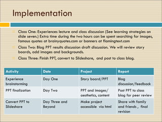 Implementation Class One: Experiences lecture and class discussion (See learning strategies on slide seven.) Extra time during the two hours can be spent searching for images, famous quotes at brainyquotes.com or banners at flamingtext.com Class Two: Blog PPT results discussion draft discussion. We will review story boards, add images and backgrounds.  Class Three: Finish PPT, convert to Slideshare,  and post to class blog.  Activity Date Project Report Experience brainstorming Day One Story board/PPT Blog discussion/feedback PPT finalization Day Two PPT and images/ aesthetics, content Post PPT to class blog for peer review Convert PPT to Slideshare Day Three and Beyond Make project accessible  via html Share with family and friends ,  final revision 