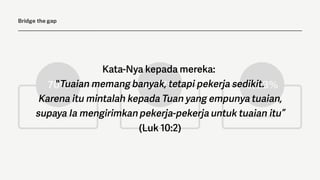 11,47%
70% 3,23%
Christian*
Unreached* Evangelical*
Bridge the gap
 