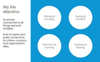 My  life  
objective.	
Making  &  
Creating	
Analog  &  
Get  Real  	
Discovery  &  
Learning	
Teaching  &  
Sharing	
To remain
connected to all
things real and
tangible.
And to inspire and
build connectivity
for others—humans
and organizations
alike.
 