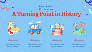 Emancipation
Proclamation
A Turning Point in History
Briefly elaborate on what
you want to discuss.
Main point
Briefly elaborate on what
you want to discuss.
Main point
Briefly elaborate on what
you want to discuss.
Main point
Briefly elaborate on what
you want to discuss.
Main point
 