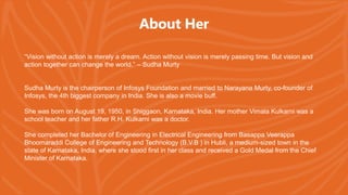 About Her
“Vision without action is merely a dream. Action without vision is merely passing time. But vision and
action together can change the world.” – Sudha Murty
Sudha Murty is the chairperson of Infosys Foundation and married to Narayana Murty, co-founder of
Infosys, the 4th biggest company in India. She is also a movie buff.
She was born on August 19, 1950, in Shiggaon, Karnataka, India. Her mother Vimala Kulkarni was a
school teacher and her father R.H. Kulkarni was a doctor.
She completed her Bachelor of Engineering in Electrical Engineering from Basappa Veerappa
Bhoomaraddi College of Engineering and Technology (B.V.B ) in Hubli, a medium-sized town in the
state of Karnataka, India, where she stood first in her class and received a Gold Medal from the Chief
Minister of Karnataka.
 