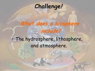 Challenge ! What does a biosphere include? The hydrosphere, lithosphere, and atmosphere. 