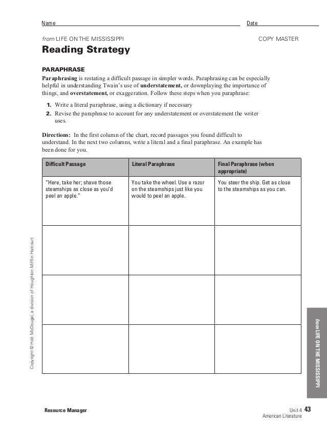 Printables Paraphrase Worksheet life on the mississipp paraphrasing worksheet