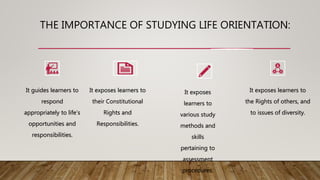 THE IMPORTANCE OF STUDYING LIFE ORIENTATION:
It guides learners to
respond
appropriately to life’s
opportunities and
responsibilities.
It exposes learners to
their Constitutional
Rights and
Responsibilities.
It exposes
learners to
various study
methods and
skills
pertaining to
assessment
procedures.
It exposes learners to
the Rights of others, and
to issues of diversity.
 