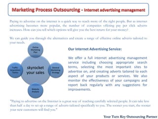 Paying to advertise on the internet is a quick way to reach more of the right people. But as internet
advertising becomes more popular, the number of companies offering pay per click adverts
increases. How can you tell which options will give you the best return for your money?

We can guide you through the alternatives and create a range of effective online adverts tailored to
your needs.
                 Online
                Marketing                   Our Internet Advertising Service:
                  Plan

                                            We offer a full internet advertising management
                                            service including choosing appropriate search
  Traffic-    skyrocket         General     terms, selecting the most important sites to
Acquisition                    Marketing
  Tactics     your sales       Strategy     advertise on, and creating adverts tailored to each
                                            aspect of your products or services. We also
                                            monitor the effectiveness of your campaigns and
                                            report back regularly with any suggestions for
                Website
                Analysis
                                            improvements.


"Paying to advertise on the Internet is a great way of reaching carefully selected people. It can take less
than half a day to set up a range of adverts tailored specifically to you. The sooner you start, the sooner
your new customers will find you."
                                                                       Your Turn Key Outsourcing Partner
 