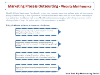 Monthly Website Maintenance Plans In order to have your customers return time and time again, it is imperative to
keep your website as up-to-date as possible. Customers want to know what’s new and to see there is something on
your website they should come back to see. Monthly website maintenance plans help website owners stay on top
of their website to attract the highest number of return customers as possible.

Lifepals Global website maintenance includes:

            Adding regular specials, coupons, etc. to attract new customers
            Adding/Deleting/Updating site products




            Removing and replacing date sensitive information (eg dates of
            exhibitions or events your company is attending or arranging through
            the year)




            Removing and replacing old news items and press releases
            Removing and correcting broken links to internal and external sites




            Replacing and updating images Updating staff profiles or recruitment
            information


                                                                                   Your Turn Key Outsourcing Partner
 