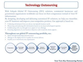With Lifepals Global IT Outsourcing (ITO) solutions, commercial businesses and
government organizations worldwide can focus on their competencies instead of their IT
infrastructure.
By designing, developing and delivering customized IT solutions, we help you streamline
your IT functions and improve your competitive position. Our approach is based on:
•    Collecting information from you about your specific business needs
•    Processing and analyzing this information based on our deep technological expertise
•    Collaborating with you through every aspect of our offerings
•    Ensuring alignment of your business objectives with round-the-clock support.

Throughout our global IT outsourcing portfolio, we:
•    Infuse thought leadership and innovation
•    Manage to the highest level of quality for service delivery
•    Enable you to transform your organization


                                                                                                             Lifepals
                                                                       Application
                      Technology       Technology         Network                          IT consulting    Global IT
    IT Operations                                                        Service
                       Solutions      Infrastructure     Admirations
                                                                       Management
                                                                                              Services     Outsourcing
                                                                                                            services




                                                                               Your Turn Key Outsourcing Partner
 