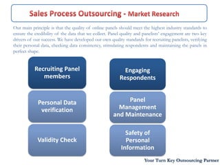 Our main principle is that the quality of online panels should meet the highest industry standards to
ensure the credibility of the data that we collect. Panel quality and panelists’ engagement are two key
drivers of our success. We have developed our own quality standards for recruiting panelists, verifying
their personal data, checking data consistency, stimulating respondents and maintaining the panels in
perfect shape.


           Recruiting Panel                               Engaging
              members                                   Respondents


             Personal Data                                Panel
              verification                             Management
                                                     and Maintenance

                                                           Safety of
            Validity Check                                 Personal
                                                         Information
                                                                     Your Turn Key Outsourcing Partner
 