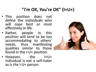 "I'm OK, You're OK" (I+U+)
• This position does not
define the individuals who
will cope best or most
effectively in life.
• Rather, people in this
position will tend to be too
accommodating to others'
needs, thus manifesting
qualities similar to those
found in the I-U+ position.
• However, the I+U+
individual is not a self-hater
as is the I-U+ person.
 