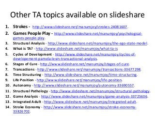 Other TA topics available on slideshare
1. Strokes - http://www.slideshare.net/manumjoy/strokes-24081607.
2. Games People Play - http://www.slideshare.net/manumjoy/psychological-
games-people-play.
3. Structural Analysis - http://www.slideshare.net/manumjoy/the-ego-state-model.
4. What is TA? - http://www.slideshare.net/manumjoy/what-ta-is
5. Cycles of Development - http://www.slideshare.net/manumjoy/cycles-of-
developement-pamela-levin-transactional-analysis.
6. Stages of Cure - http://www.slideshare.net/manumjoy/stages-of-cure.
7. Transactions - http://www.slideshare.net/manumjoy/transactions-33677298.
8. Time Structuring - http://www.slideshare.net/manumjoy/time-structuring.
9. Life Position - http://www.slideshare.net/manumjoy/life-position.
10. Autonomy - http://www.slideshare.net/manumjoy/autonomy-33690557.
11. Structural Pathology - http://www.slideshare.net/manumjoy/structural-pathology.
12. Game Analysis - http://www.slideshare.net/manumjoy/game-analysis-33725636.
13. Integrated Adult - http://www.slideshare.net/manumjoy/integrated-adult.
14. Stroke Economy - http://www.slideshare.net/manumjoy/stroke-economy-
33826702.
 