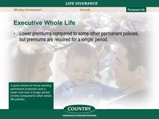 Executive Whole Life Lower premiums compared to some other permanent policies, but premiums are required for a longer period.  A good choice for those wanting permanent protection and a lower cost over a longer period of time compared to other whole life policies. Why Buy Life Insurance? Term Life Permanent Life 