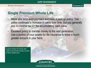 Single Premium Whole Life  Make one lump-sum payment and have a paid-up policy. The policy continues to increase in value over time, but you generally pay no income tax on the accumulating cash value. Excellent policy to transfer money to the next generation. Use a portion of your assets for life insurance to leave a much greater amount to your heirs. A good choice for those who need a permanent policy as part of their estate plan. Why Buy Life Insurance? Term Life Permanent Life 