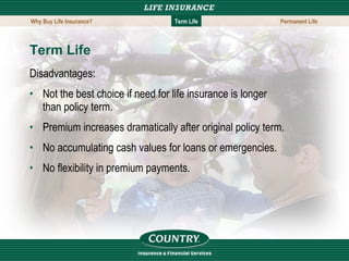 Term Life Disadvantages: Not the best choice if need for life insurance is longer than policy term. Premium increases dramatically after original policy term. No accumulating cash values for loans or emergencies. No flexibility in premium payments.  Why Buy Life Insurance? Term Life Permanent Life 