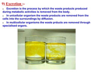 9) Excretion :-
● Excretion is the process by which the waste products produced
during metabolic activities is removed from the body.
● In unicellular organism the waste products are removed from the
cells into the surroundings by diffusion.
● In multicellular organisms the waste prducts are removed through
specialised organs.
 
