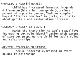 • PHALLIC STAGE(3-7YEARS):
child has increased interest in gender
differences(his / her own gender);prefers
parent of opposite gender;”Oedipus complex” in
boys & “Electra complex” in girls; curiosity
about genitals and masturbation increase
• LATENCY STAGE(7-12 YEARS):
marks the transition to adult sexuality;
increasing sex role identification with parent
of same sex prepares the child for adult roles
and relationships
• GENITAL STAGE(12-20 YEARS):
sexual interest expressed in overt
sexual relationships
 