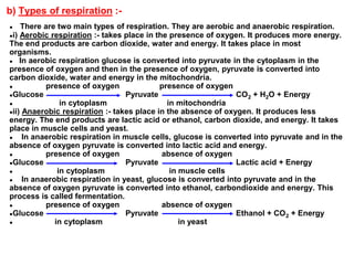 b) Types of respiration :-
● There are two main types of respiration. They are aerobic and anaerobic respiration.
●i) Aerobic respiration :- takes place in the presence of oxygen. It produces more energy.
The end products are carbon dioxide, water and energy. It takes place in most
organisms.
● In aerobic respiration glucose is converted into pyruvate in the cytoplasm in the
presence of oxygen and then in the presence of oxygen, pyruvate is converted into
carbon dioxide, water and energy in the mitochondria.
● presence of oxygen presence of oxygen
●Glucose Pyruvate CO2 + H2O + Energy
● in cytoplasm in mitochondria
●ii) Anaerobic respiration :- takes place in the absence of oxygen. It produces less
energy. The end products are lactic acid or ethanol, carbon dioxide, and energy. It takes
place in muscle cells and yeast.
● In anaerobic respiration in muscle cells, glucose is converted into pyruvate and in the
absence of oxygen pyruvate is converted into lactic acid and energy.
● presence of oxygen absence of oxygen
●Glucose Pyruvate Lactic acid + Energy
● in cytoplasm in muscle cells
● In anaerobic respiration in yeast, glucose is converted into pyruvate and in the
absence of oxygen pyruvate is converted into ethanol, carbondioxide and energy. This
process is called fermentation.
● presence of oxygen absence of oxygen
●Glucose Pyruvate Ethanol + CO2 + Energy
● in cytoplasm in yeast
 
