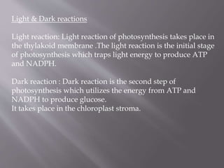 Light & Dark reactions
Light reaction: Light reaction of photosynthesis takes place in
the thylakoid membrane .The light reaction is the initial stage
of photosynthesis which traps light energy to produce ATP
and NADPH.
Dark reaction : Dark reaction is the second step of
photosynthesis which utilizes the energy from ATP and
NADPH to produce glucose.
It takes place in the chloroplast stroma.
 