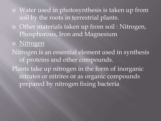  Water used in photosynthesis is taken up from
soil by the roots in terrestrial plants.
 Other materials taken up from soil : Nitrogen,
Phosphorous, Iron and Magnesium
 Nitrogen
Nitrogen is an essential element used in synthesis
of proteins and other compounds.
Plants take up nitrogen in the form of inorganic
nitrates or nitrites or as organic compounds
prepared by nitrogen fixing bacteria
 
