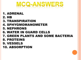 1. ADRENAL
2. HB
3. TRANSPIRATION
4. SPHYGMOMANOMETER
5. NEPHRONS
6. WATER IN GUARD CELLS
7. GREEN PLANTS AND SOME BACTERIA
8. PROTEINS
9. VESSELS
10. ABSORPTION
 