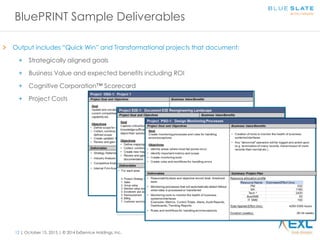 12 | October 15, 2015 | © 2014 ExlService Holdings, Inc.
Output includes “Quick Win” and Transformational projects that document:
+ Strategically aligned goals
+ Business Value and expected benefits including ROI
+ Cognitive Corporation™ Scorecard
+ Project Costs
BluePRINT Sample Deliverables
 