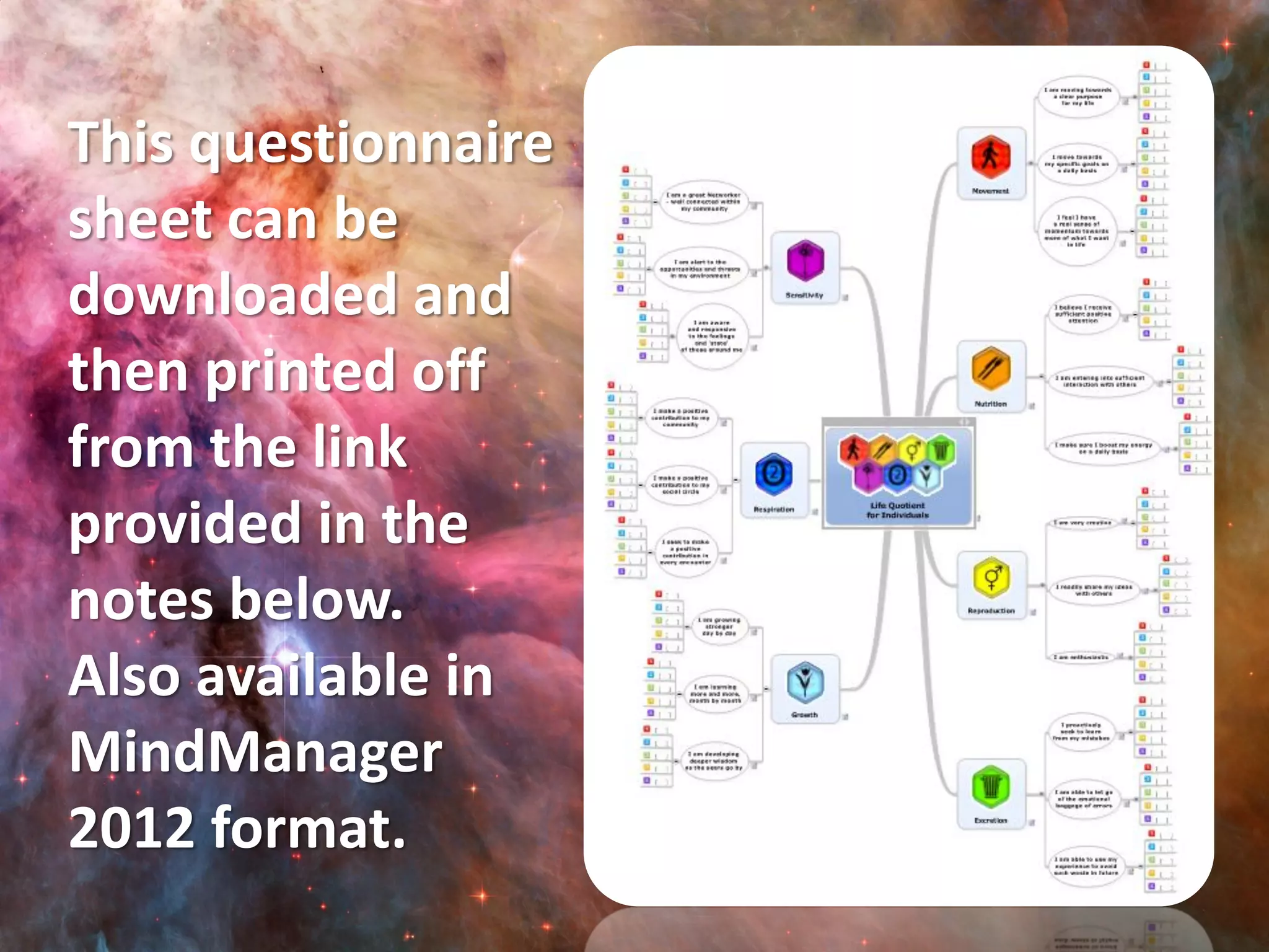 This questionnaire
sheet can be
downloaded and
then printed off
from the link
provided in the
notes below.
Also available in
MindManager
2012 format.
 