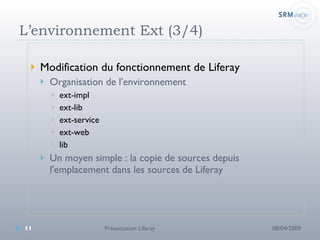 L’environnement Ext (3/4) Modification du fonctionnement de Liferay Organisation de l'environnement ext-impl ext-lib ext-service ext-web lib Un moyen simple : la copie de sources depuis l'emplacement dans les sources de Liferay 08/04/2009 Présentation Liferay 