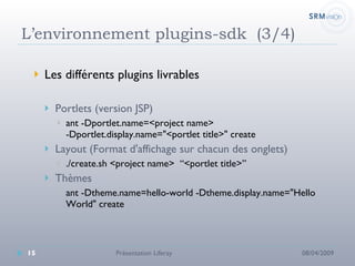L’environnement plugins-sdk  (3/4) Les différents plugins livrables Portlets (version JSP) ant -Dportlet.name=<project name> -Dportlet.display.name="<portlet title>" create Layout (Format d'affichage sur chacun des onglets) ./create.sh <project name>  “<portlet title>” Thèmes ant -Dtheme.name=hello-world -Dtheme.display.name="Hello World" create 08/04/2009 Présentation Liferay 