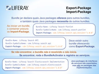 Export-Package 
Import-Package 
Bundle jar declara quais Java packages oferece para outros bundles, 
e também quais Java packages necessita de outros bundles. 
Bundle-Name: Liferay Search Portlet 
Bundle-SymbolicName: com.liferay.search.portlet 
Import-Package: com.liferay.search.api;version="1.0.0" 
Bundle-Name: Liferay Search API 
Bundle-SymbolicName: com.liferay.search.api 
Export-Package: com.liferay.search.api;version="1.0.0" 
Bundle-Name: Liferay Search Elasticsearch Implementation 
Bundle-SymbolicName: com.liferay.search.elasticsearch 
Import-Package: com.liferay.search.api;version="1.0.0" 
Java packages de interfaces 
de serviços são exportados, 
mas não os packages das 
implementações. 
Ao iniciar um bundle, 
o container procura 
os Import-Package. 
Deve existir outro 
bundle oferecendo 
como Export-Package. 
Se não encontrar, o bundle não é resolvido e não inicia. 
Se encontrar, roda o BundleActivator e registra os serviços. 
 