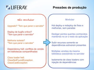 Pressões de produção 
Não modular 
Upgrade? "Tem que parar o servidor" 
Deploy de bugfix crítico? 
"Tem que parar o servidor" 
Melhoria isolada? 
"Tem que parar o servidor" 
Dependency hell: conflitos de versão 
em bibliotecas compartilhadas 
Class loader hell: 
ClassNotFoundException, 
ClassCastException 
Modular 
Hot deploy e redeploy de fixes e 
melhorias, sem paradas 
Desligar pontos quentes conhecidos 
mantendo no ar o resto da aplicação 
Subir recursos somente se 
dependências estiverem presentes 
Múltiplas versões da mesma 
biblioteca coexistindo no servidor 
Isolamento de class loaders com 
injeção de dependências 
 