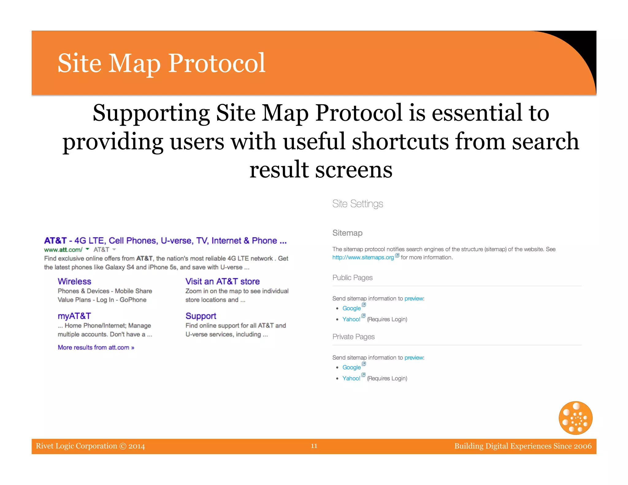 Rivet Logic Corporation © 2014 Building Digital Experiences Since 200611
Site Map Protocol
Supporting Site Map Protocol is essential to
providing users with useful shortcuts from search
result screens
 