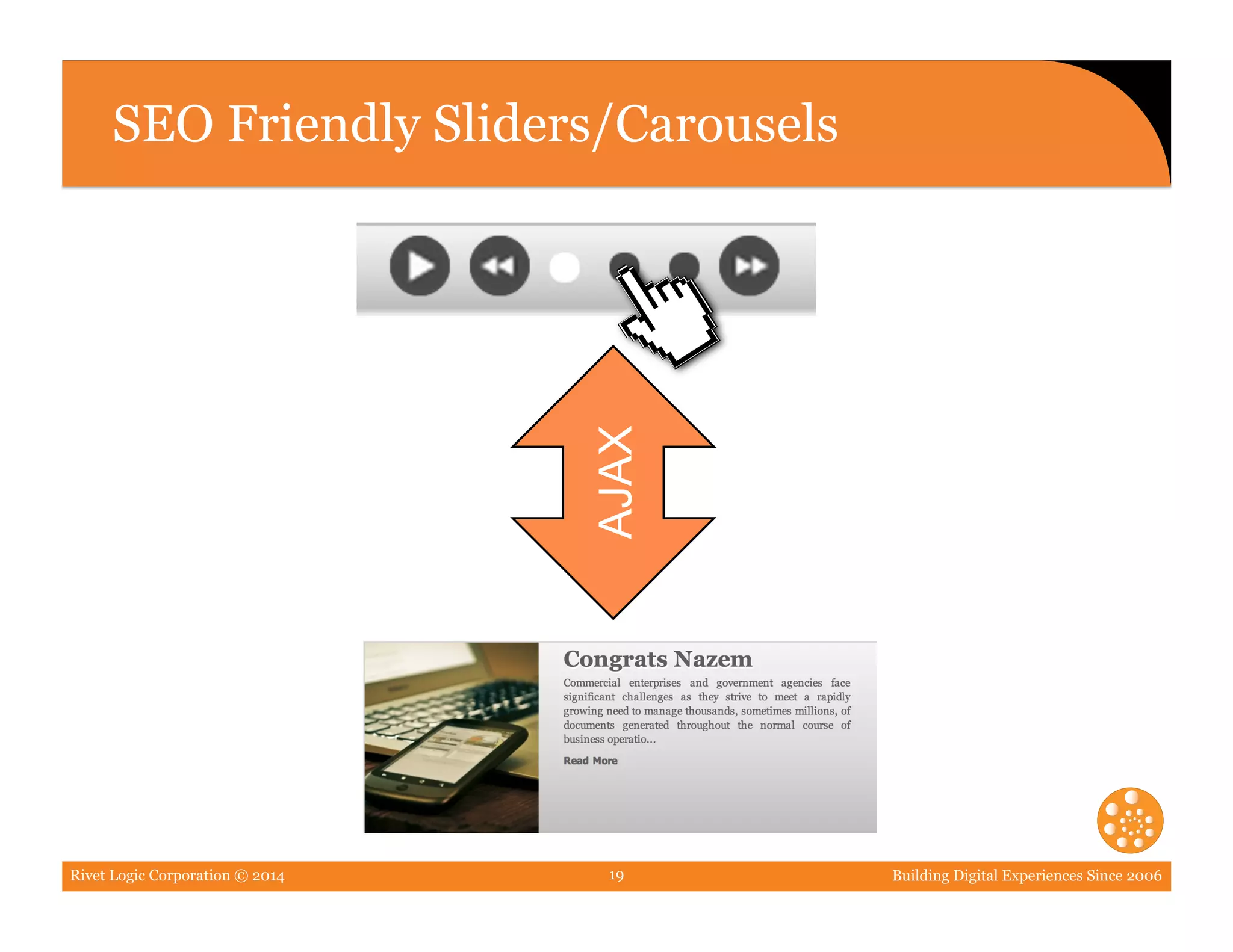 Rivet Logic Corporation © 2014 Building Digital Experiences Since 200619
SEO Friendly Sliders/Carousels
AJAX
 