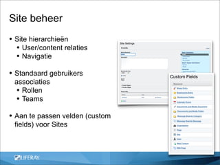 Site beheer
• Site hierarchieën
  • User/content relaties
  • Navigatie
• Standaard gebruikers
 associaties
 • Rollen
 • Teams
• Aan te passen velden (custom
 fields) voor Sites
 