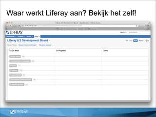 Waar werkt Liferay aan? Bekijk het zelf!
Development Board

 • Open en transparent
   development process

 • Duidelijk overzicht van al
   het onderhanden werk
   voor de volgende versie.



 • http://issues.liferay.com/secure/RapidBoard.jspa?
   rapidView=60
 