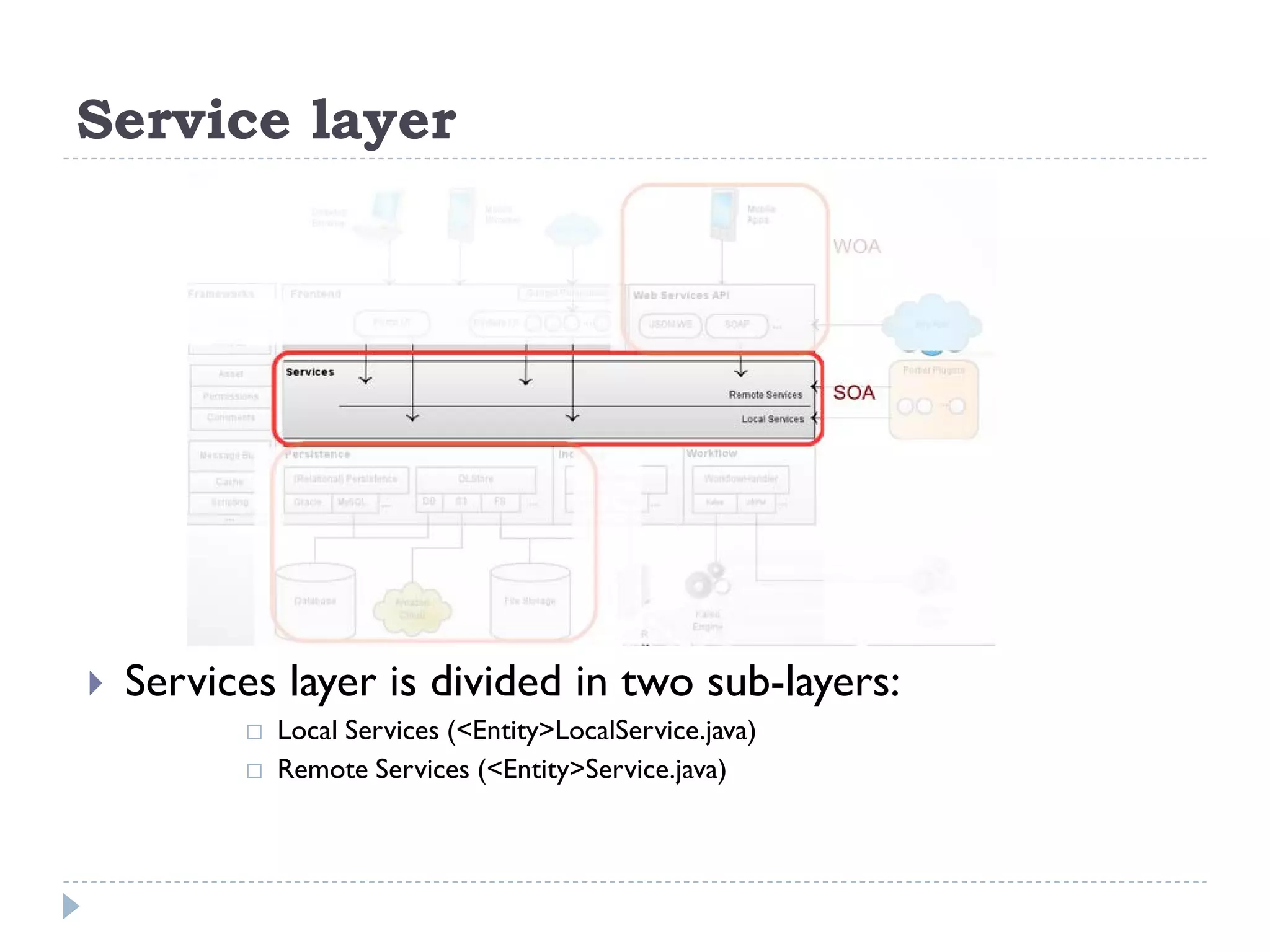 Service layer
 Services layer is divided in two sub-layers:
 Local Services (<Entity>LocalService.java)
 Remote Services (<Entity>Service.java)
 