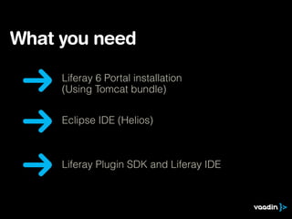 What you need

     Liferay 6 Portal installation
     (Using Tomcat bundle)


     Eclipse IDE (Helios)



     Liferay P...