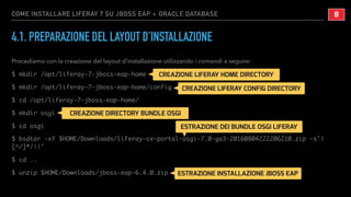 COME INSTALLARE LIFERAY 7 SU JBOSS EAP + ORACLE DATABASE
4.1. PREPARAZIONE DEL LAYOUT D’INSTALLAZIONE
Procediamo con la creazione del layout d’installazione utilizzando i comandi a seguire:
$ mkdir /opt/liferay-7-jboss-eap-home
$ mkdir /opt/liferay-7-jboss-eap-home/config
$ cd /opt/liferay-7-jboss-eap-home/
$ mkdir osgi
$ cd osgi
$ bsdtar -xf $HOME/Downloads/liferay-ce-portal-osgi-7.0-ga3-20160804222206210.zip -s'|
[^/]*/||'
$ cd ..
$ unzip $HOME/Downloads/jboss-eap-6.4.0.zip
!8
CREAZIONE LIFERAY HOME DIRECTORY
CREAZIONE LIFERAY CONFIG DIRECTORY
CREAZIONE DIRECTORY BUNDLE OSGI
ESTRAZIONE DEI BUNDLE OSGI LIFERAY
ESTRAZIONE INSTALLAZIONE JBOSS EAP
 