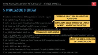 COME INSTALLARE LIFERAY 7 SU JBOSS EAP + ORACLE DATABASE
5. INSTALLAZIONE DI LIFERAY
Procediamo con l’installazione di Liferay utilizzando i comandi a seguire:
$ cd /opt/liferay-7-jboss-eap-home
$ mkdir -p jboss-eap-6.4/modules/com/liferay/portal/main/
$ cd jboss-eap-6.4/modules/com/liferay/portal/main/
$ bsdtar -xf $HOME/Downloads/liferay-ce-portal-dependencies-7.0-ga3-20160804222206210.zip -s'|[^/]*/||'
$ cp $HOME/Downloads/ojdbc8.jar .
$ curl -o module.xml -s https://gist.githubusercontent.com/amusarra/0c06b26dd465f8da2479abe8bd4f5a8f/raw/
f905bf74029a3739ace0b1c8973f979/module.xml
$ cd /opt/liferay-7-jboss-eap-home/jboss-eap-6.4/standalone/deployments
$ touch ROOT.war.dodeploy
$ mkdir ROOT.war && cd ROOT.war
$ unzip $HOME/Downloads/liferay-ce-portal-7.0-ga3-20160804222206210.war
$ cp $HOME/Downloads/liferay-portal-database-all-in-one-support-1.0.0.jar WEB-INF/lib/
!9
CREAZIONE DIRECTORY JBOSS MODULE
PER LIFERAY
ESTRAZIONE DELLE DIPENDENZE LIFERAY
DENTRO LA DIRECTORY DEI MODULI
COPIA DRIVER JDBC ORACLE
COPIA FILE MODULE.XML CON
LE CONFIGURAZIONI
 