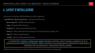 COME INSTALLARE LIFERAY 7 SU JBOSS EAP + ORACLE DATABASE
4. LAYOUT D’INSTALLAZIONE
!7
La struttura di directory dell’installazione sarà la seguente:
‣ /opt/liferay-7-jboss-eap-home : Liferay Home Directory
‣ jboss-eap-6.4 - JBOSS Home Directory
‣ osgi - Liferay Bundle Directory
‣ deploy (*) - Liferay Autodeploy Directory
‣ data (*) - Liferay Data Directory (esempio: document_library, elastic, etc.)
‣ logs (*) - Liferay Logs Directory
‣ conﬁg - Liferay Conﬁguration Directory
(*) Queste directory sono create da Liferay durante la fase di start-up del portale.
IL REPOSITORY LIFERAY-7-JBOSS-EAP-HOME CONTIENE L’INTERO LAYOUT D’INSTALLAZIONE E I FILE DI
CONFIGURAZIONE COMPLETI DI LIFERAY E JBOSS. POTRESTE UTILIZZARE QUESTO REPOSITORY COME BASE DI
PARTENZA PER VELOCIZZARE IL PROCESSO D’INSTALLAZIONE.
 