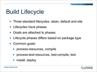 Build Lifecycle
  Three standard lifecycles: clean, default and site
  Lifecycles have phases
  Goals are attached to phases
  Lifecycle phases differs based on package type
  Common goals:
    process-resources, compile
    process-test-resources, test-compile, test
    install, deploy
 