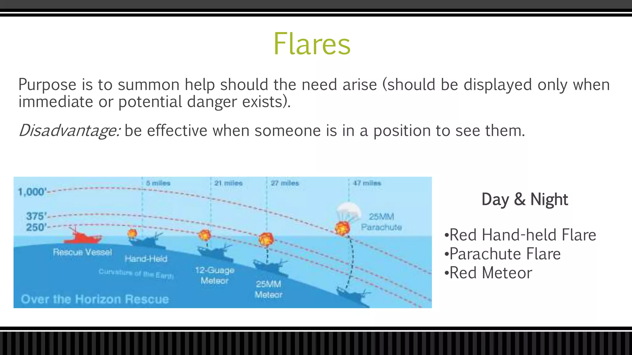 Flares
Purpose is to summon help should the need arise (should be displayed only when
immediate or potential danger exists).
Disadvantage: be effective when someone is in a position to see them.
•Red Hand-held Flare
•Parachute Flare
•Red Meteor
Day & Night
 