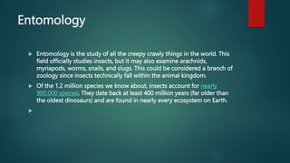 Entomology
 Entomology is the study of all the creepy crawly things in the world. This
field officially studies insects, but it may also examine arachnids,
myriapods, worms, snails, and slugs. This could be considered a branch of
zoology since insects technically fall within the animal kingdom.
 Of the 1.2 million species we know about, insects account for nearly
900,000 species. They date back at least 400 million years (far older than
the oldest dinosaurs) and are found in nearly every ecosystem on Earth.

 