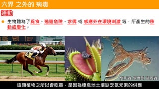 變形蟲 感應到 草履蟲
運動
⚫ 生物體為了覓食、逃避危險、求偶 或 感應外在環境刺激 等，所產生的移
動或變化。
這類植物之所以會吃葷，是因為棲息地土壤缺乏氮元素的供應
六界 之外的 病毒
 