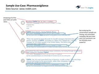 Sample Use-Case: Pharmacovigilance
Data Source: www.reddit.com
Analyzing all of the
post titles can yield
value…
But analyzing the
conversations people are
having, and associated
metadata like post date
and # of comments can
be infinitely more
powerful
 