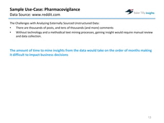 The Challenges with Analyzing Externally Sourced Unstructured Data:
• There are thousands of posts, and tens of thousands (and more) comments
• Without technology and a methodical text mining processes, gaining insight would require manual review
and data collection.
The amount of time to mine insights from the data would take on the order of months making
it difficult to impact business decisions
13
Sample Use-Case: Pharmacovigilance
Data Source: www.reddit.com
 