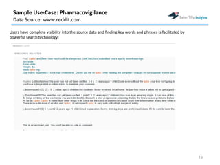 19
Users have complete visibility into the source data and finding key words and phrases is facilitated by
powerful search technology:
Sample Use-Case: Pharmacovigilance
Data Source: www.reddit.com
 