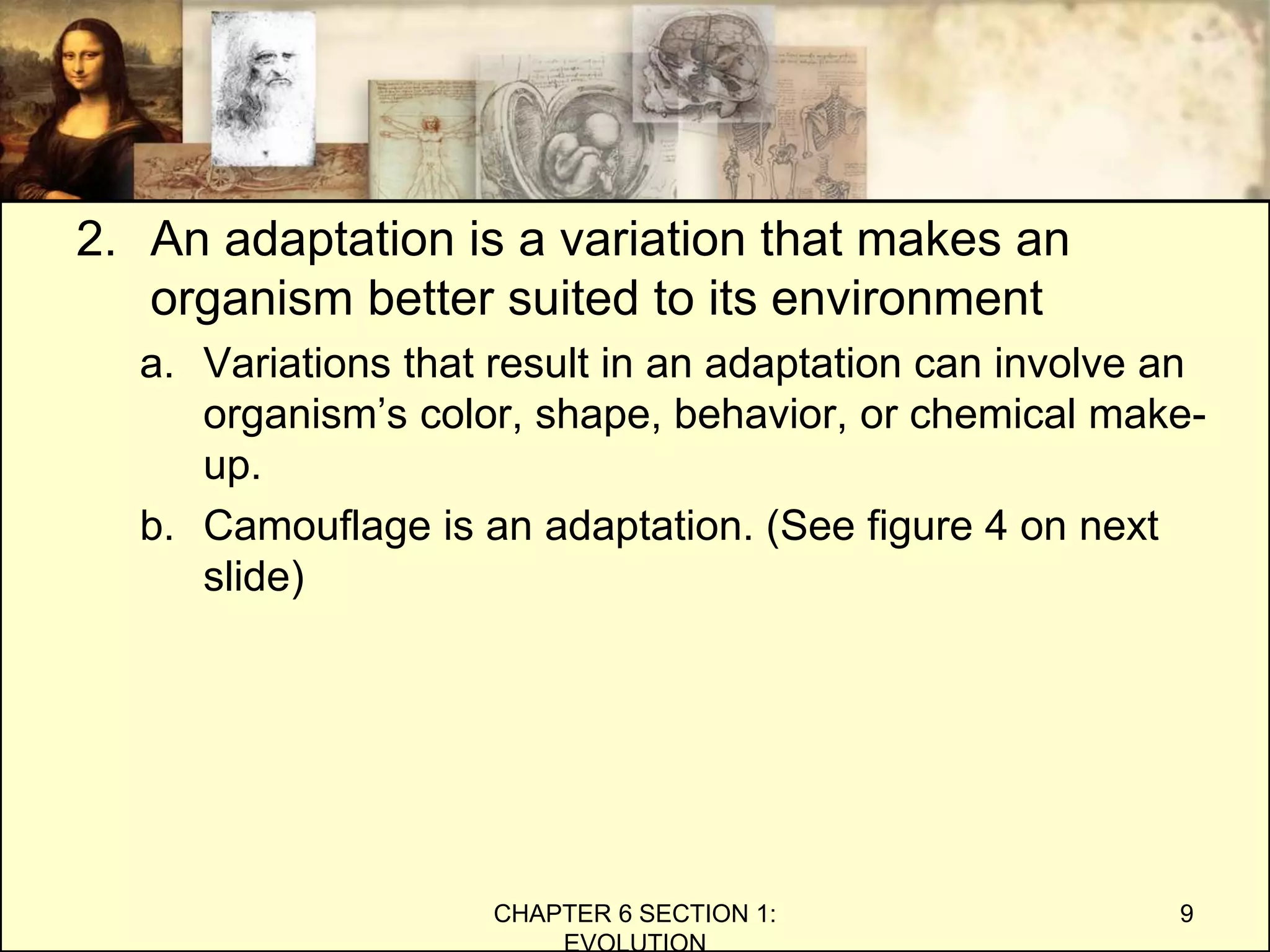 2. An adaptation is a variation that makes an
organism better suited to its environment
a. Variations that result in an adaptation can involve an
organism’s color, shape, behavior, or chemical make-
up.
b. Camouflage is an adaptation. (See figure 4 on next
slide)
CHAPTER 6 SECTION 1:
EVOLUTION
9
 